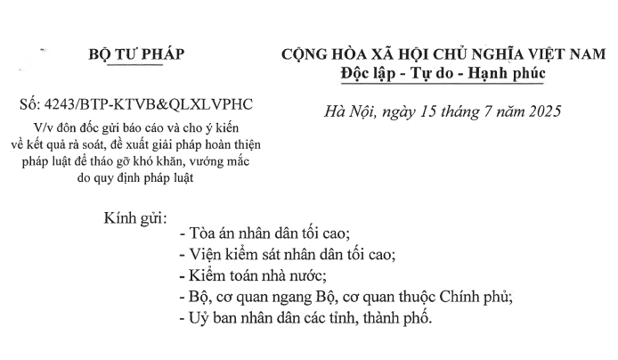 Đôn đốc các bộ, ngành, cơ quan trung ương và địa phương gửi báo cáo và cho ý kiến về kết quả rà soát, đề xuất giải pháp hoàn thiện pháp luật để tháo gỡ khó khăn, vướng mắc do quy định pháp luật
